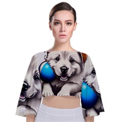 Dog Animal Pet Puppy Pooch Tie Back Butterfly Sleeve Chiffon Top by Semog4