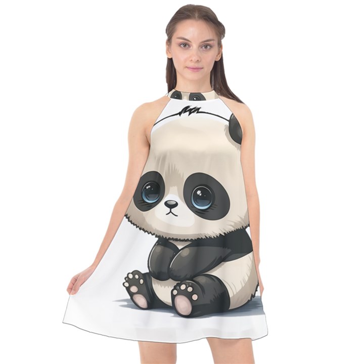 Cute Panda Bear Animal Cartoon Halter Neckline Chiffon Dress 