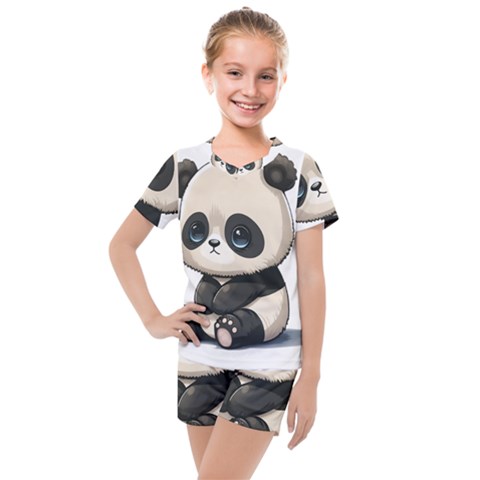 Cute Panda Bear Animal Cartoon Kids  Mesh Tee And Shorts Set by Semog4