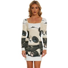 Cute Panda Bear Animal Cartoon Long Sleeve Square Neck Bodycon Velvet Dress by Semog4