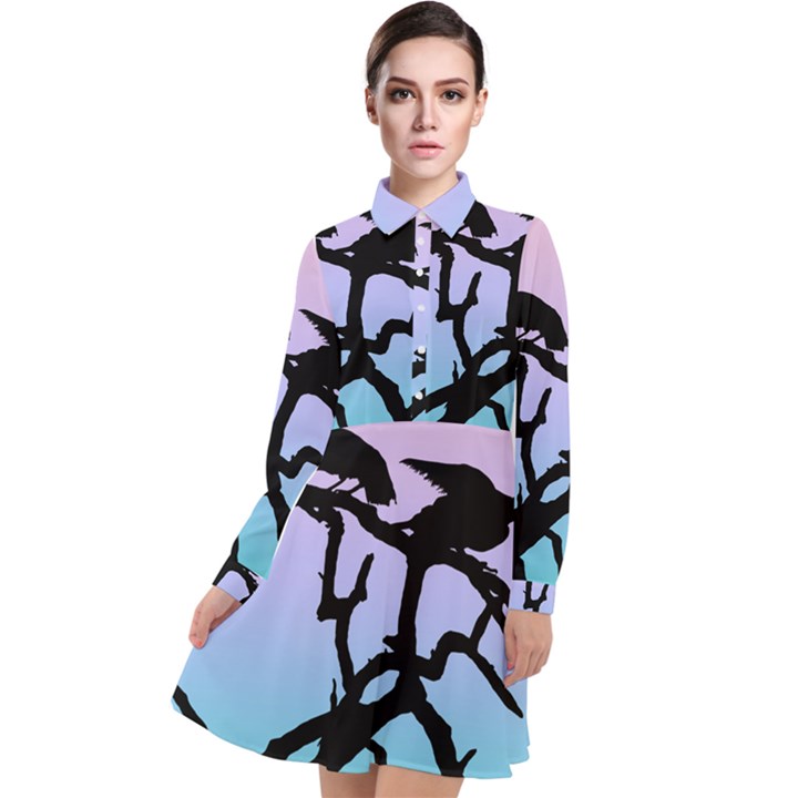 Birds Bird Vultures Tree Branches Long Sleeve Chiffon Shirt Dress