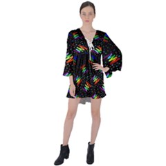 Rainbows Pixel Pattern V-neck Flare Sleeve Mini Dress