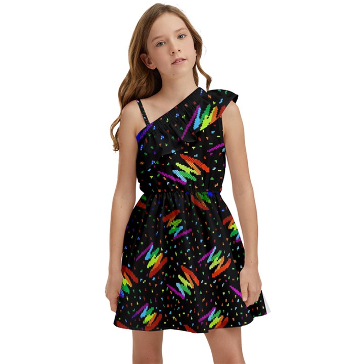 Rainbows Pixel Pattern Kids  One Shoulder Party Dress