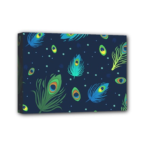 Blue Background Pattern Feather Peacock Mini Canvas 7  X 5  (stretched) by Semog4