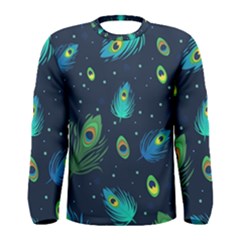 Blue Background Pattern Feather Peacock Men s Long Sleeve Tee by Semog4