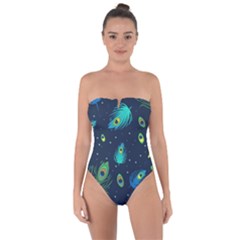 Blue Background Pattern Feather Peacock Tie Back One Piece Swimsuit by Semog4