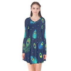 Blue Background Pattern Feather Peacock Long Sleeve V-neck Flare Dress by Semog4