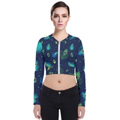 Blue Background Pattern Feather Peacock Long Sleeve Zip Up Bomber Jacket by Semog4