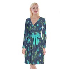 Blue Background Pattern Feather Peacock Long Sleeve Velvet Front Wrap Dress by Semog4