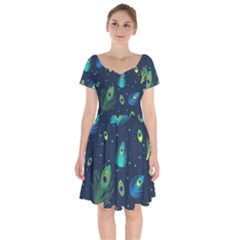 Blue Background Pattern Feather Peacock Short Sleeve Bardot Dress by Semog4