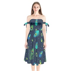 Blue Background Pattern Feather Peacock Shoulder Tie Bardot Midi Dress by Semog4