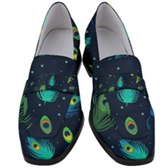 Blue Background Pattern Feather Peacock Women s Chunky Heel Loafers by Semog4