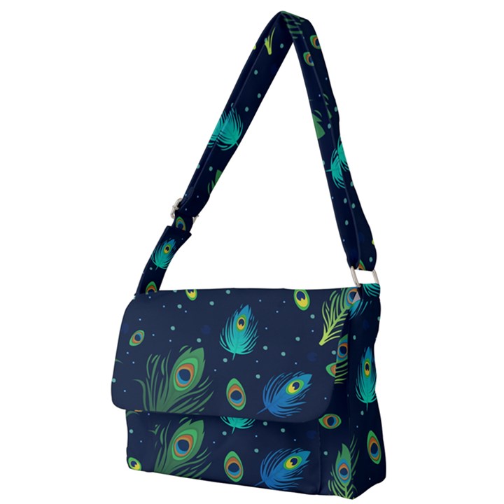 Blue Background Pattern Feather Peacock Full Print Messenger Bag (L)