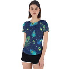 Blue Background Pattern Feather Peacock Back Cut Out Sport Tee by Semog4