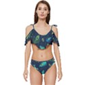 Blue Background Pattern Feather Peacock Ruffle Edge Tie Up Bikini Set	 View1