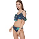 Blue Background Pattern Feather Peacock Ruffle Edge Tie Up Bikini Set	 View2