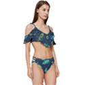 Blue Background Pattern Feather Peacock Ruffle Edge Tie Up Bikini Set	 View3