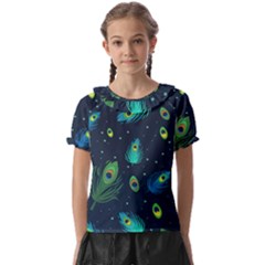 Blue Background Pattern Feather Peacock Kids  Frill Chiffon Blouse by Semog4