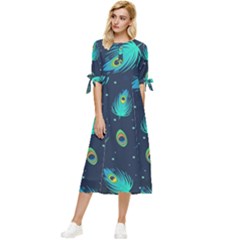 Blue Background Pattern Feather Peacock Bow Sleeve Chiffon Midi Dress by Semog4