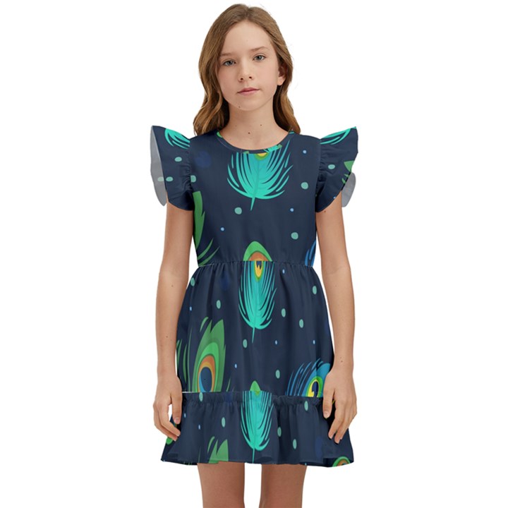 Blue Background Pattern Feather Peacock Kids  Winged Sleeve Dress