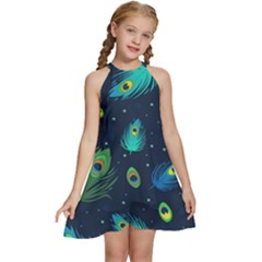 Blue Background Pattern Feather Peacock Kids  Halter Collar Waist Tie Chiffon Dress by Semog4