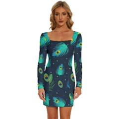 Blue Background Pattern Feather Peacock Long Sleeve Square Neck Bodycon Velvet Dress by Semog4