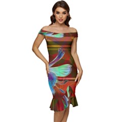 Abstract Fractal Design Digital Wallpaper Graphic Backdrop Off Shoulder Ruffle Split Hem Bodycon Dress by Semog4