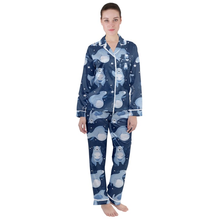 Bear Pattern Patterns Planet Animals Women s Long Sleeve Satin Pajamas Set	