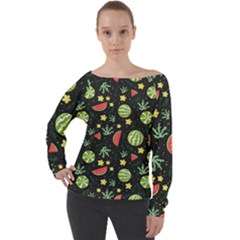 Watermelon Berries Patterns Pattern Off Shoulder Long Sleeve Velour Top by Semog4