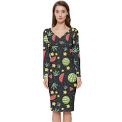 Watermelon Berries Patterns Pattern Long Sleeve V-neck Bodycon Dress  by Semog4