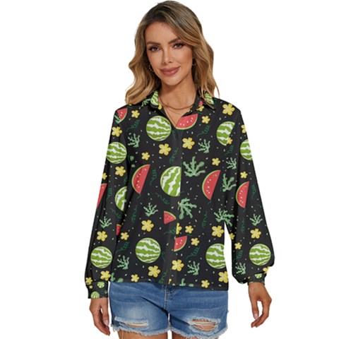 Watermelon Berries Patterns Pattern Women s Long Sleeve Button Down Shirt by Semog4