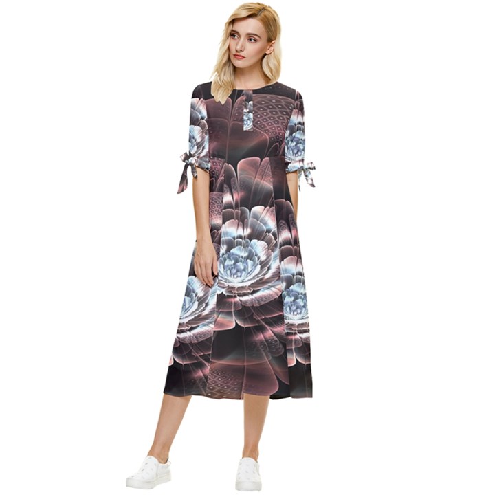 Flower Fractal Art Cool Petal Abstract Bow Sleeve Chiffon Midi Dress