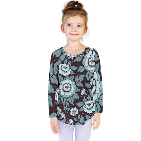 Vintage Floral Pattern Blue Damask Pattern Blue Vintage Kids  Long Sleeve Tee by Semog4