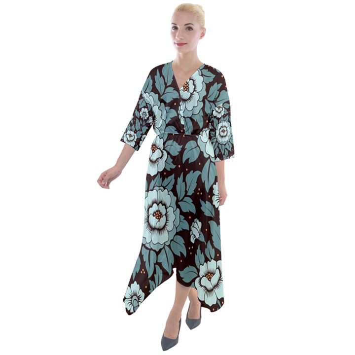 Vintage Floral Pattern Blue Damask Pattern Blue Vintage Quarter Sleeve Wrap Front Maxi Dress