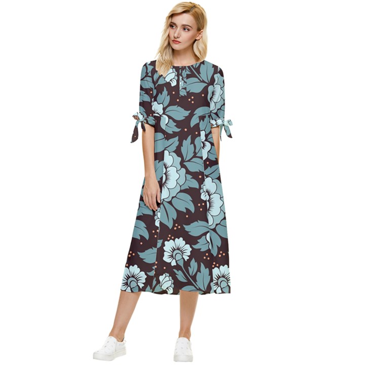 Vintage Floral Pattern Blue Damask Pattern Blue Vintage Bow Sleeve Chiffon Midi Dress