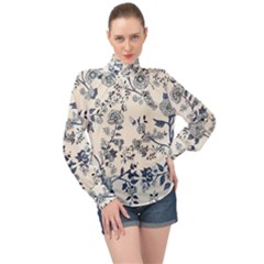 Vintage Background Blue Roses Rose Pattern Retro High Neck Long Sleeve Chiffon Top by Semog4