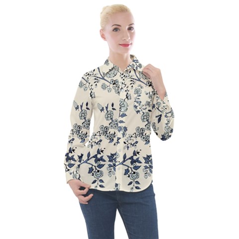 Vintage Background Blue Roses Rose Pattern Retro Women s Long Sleeve Pocket Shirt by Semog4