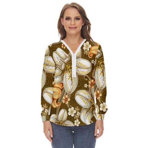 Flowers Pattern Floral Patterns Decorative Art Zip Up Long Sleeve Blouse by Semog4