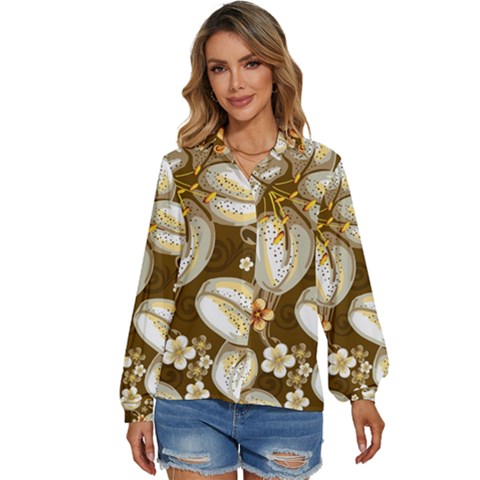 Flowers Pattern Floral Patterns Decorative Art Women s Long Sleeve Button Down Shirt by Semog4