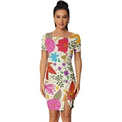 Colorful Flowers Pattern Abstract Patterns Floral Patterns Fitted Knot Split End Bodycon Dress by Semog4