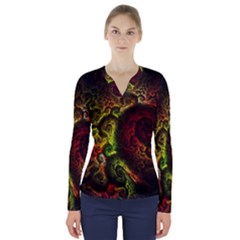 Green And Red Lights Wallpaper Fractal Digital Art Artwork V-neck Long Sleeve Top by Semog4