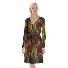 Green And Red Lights Wallpaper Fractal Digital Art Artwork Long Sleeve Velvet Front Wrap Dress by Semog4