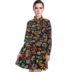 Cartoon Monster Pattern Abstract Background Long Sleeve Chiffon Shirt Dress by Semog4