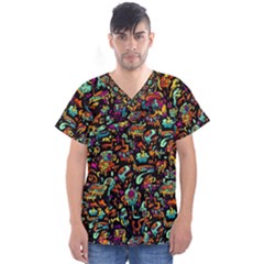 Cartoon Monster Pattern Abstract Background Men s V-neck Scrub Top