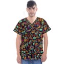 Cartoon Monster Pattern Abstract Background Men s V-Neck Scrub Top View1