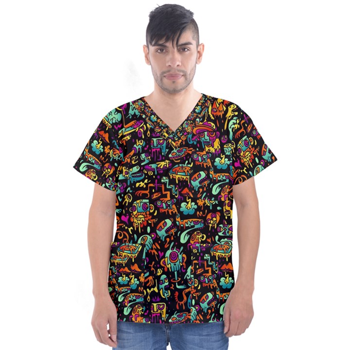 Cartoon Monster Pattern Abstract Background Men s V-Neck Scrub Top