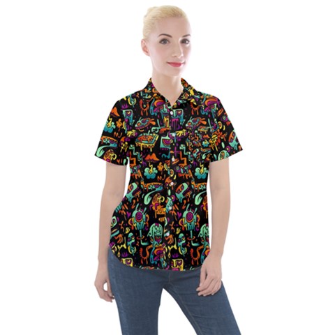 Cartoon Monster Pattern Abstract Background Women s Short Sleeve Pocket Shirt by Semog4