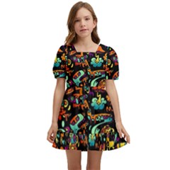 Cartoon Monster Pattern Abstract Background Kids  Short Sleeve Dolly Dress by Semog4