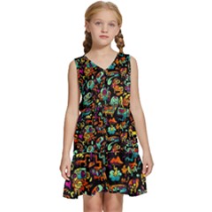 Cartoon Monster Pattern Abstract Background Kids  Sleeveless Tiered Mini Dress by Semog4