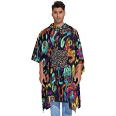 Cartoon Monster Pattern Abstract Background Men s Hooded Rain Ponchos